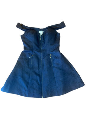 Sherri Hill Mini Dress Size 12 Navy Blue Off-Shoulder Zip Front Vintage style